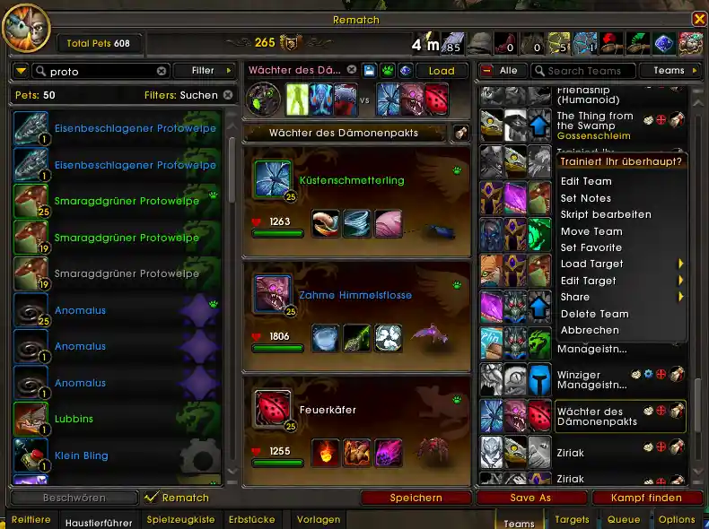 Rematch-Addons in World of Warcraft zur Verwaltung von Haustierteams.