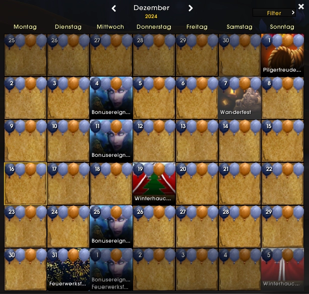Event-Kalender für World of Warcraft mit Monatsübersicht und markierten Ingame-Events wie Schlotternächte und Winterhauchfest.
